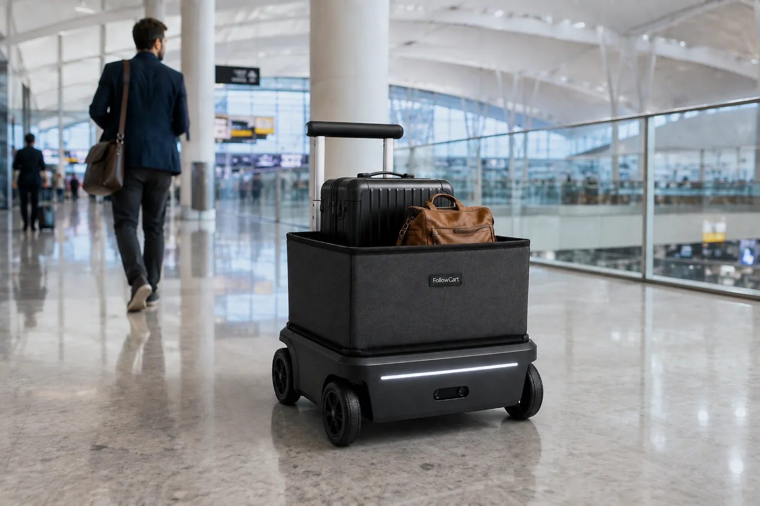 FollowCart transporta equipaje en una terminal de aeropuerto.