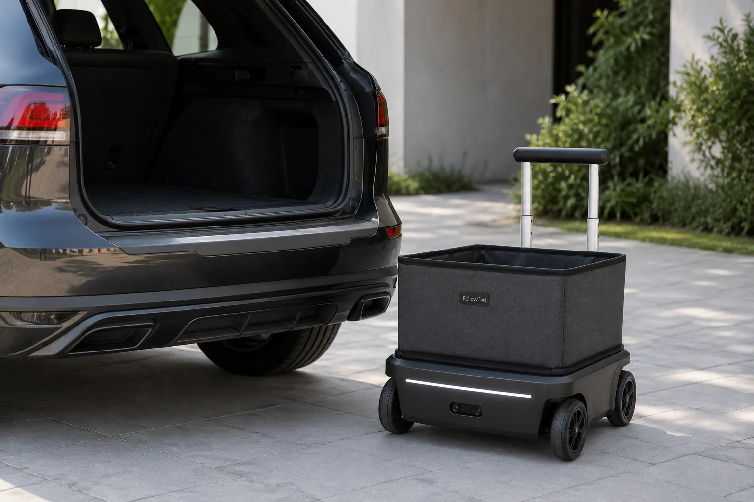 FollowCart junto al maletero abierto de un coche.