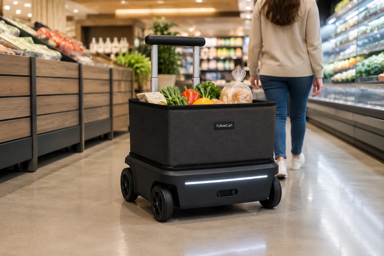FollowCart transporta productos por el pasillo de un supermercado.