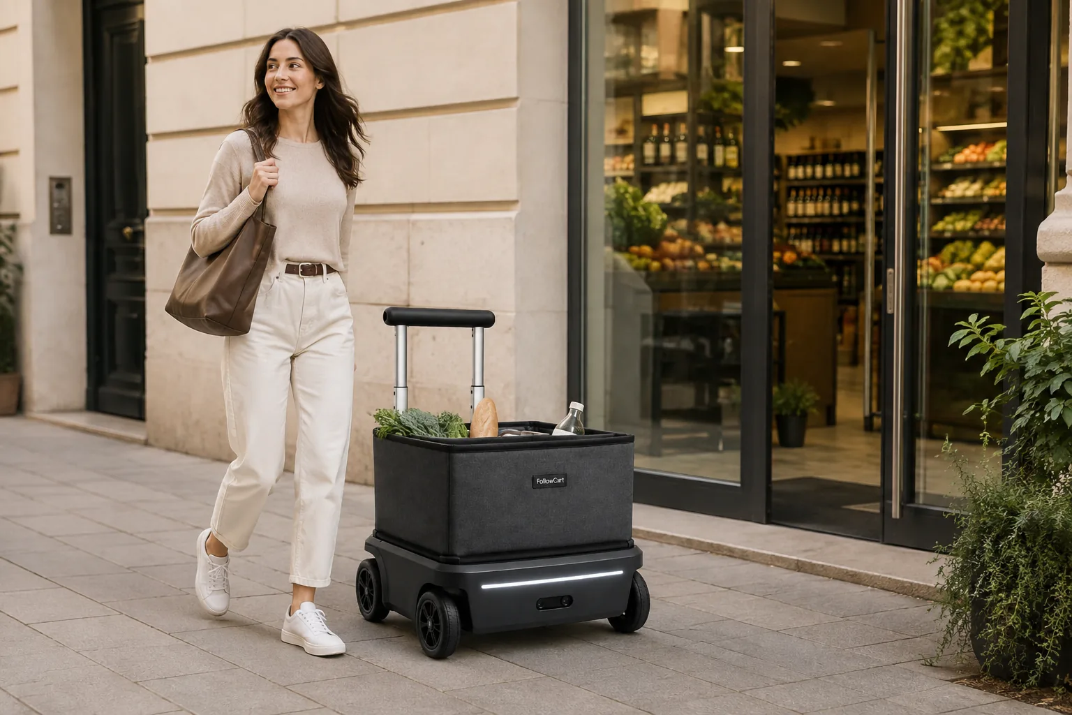 Una persona sale de una tienda mientras FollowCart transporta las compras a su lado.