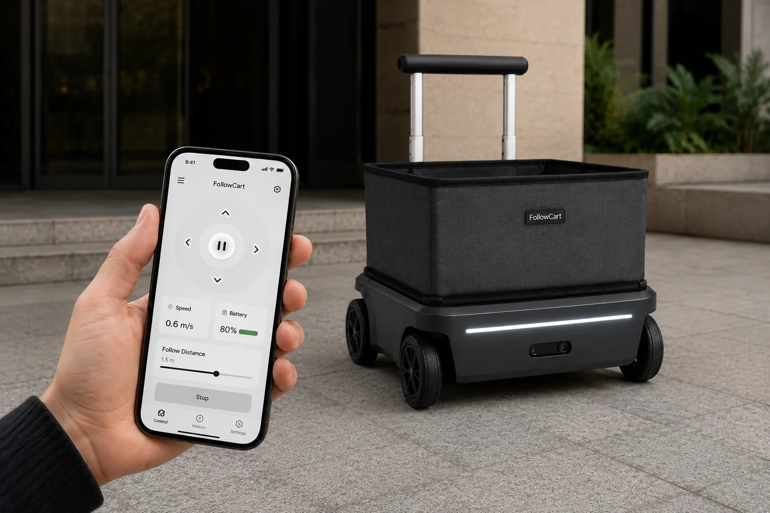 Interfaz móvil de control de FollowCart mostrada en un teléfono.