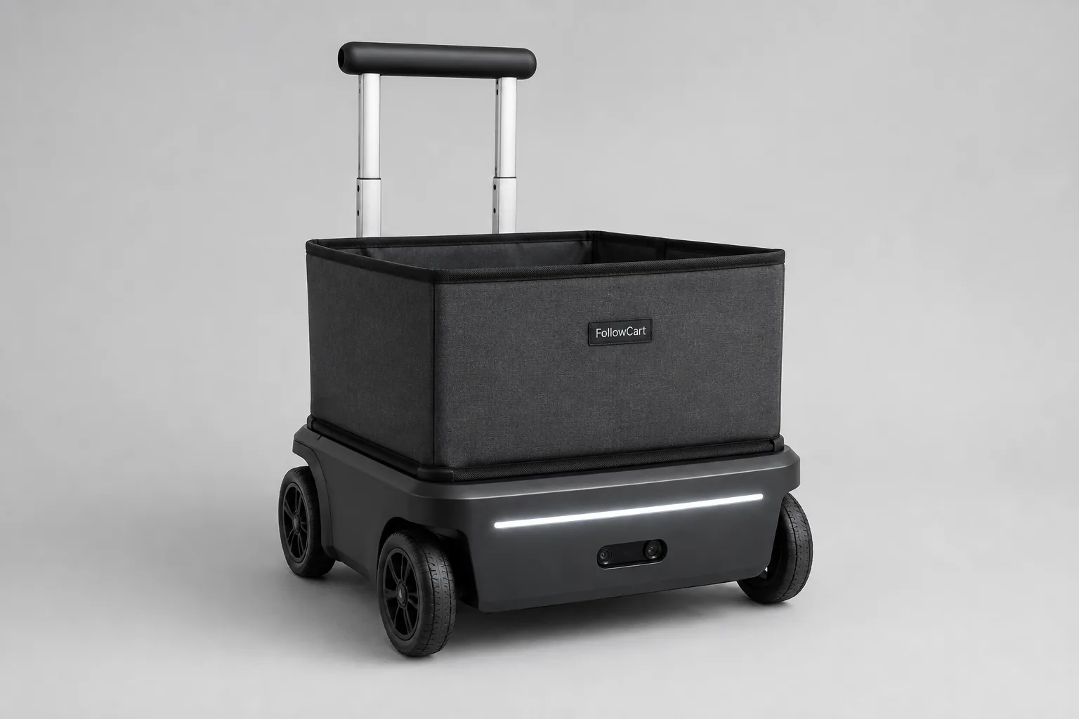FollowCart, carrito robótico personal con bolsa negra y cuatro ruedas.
