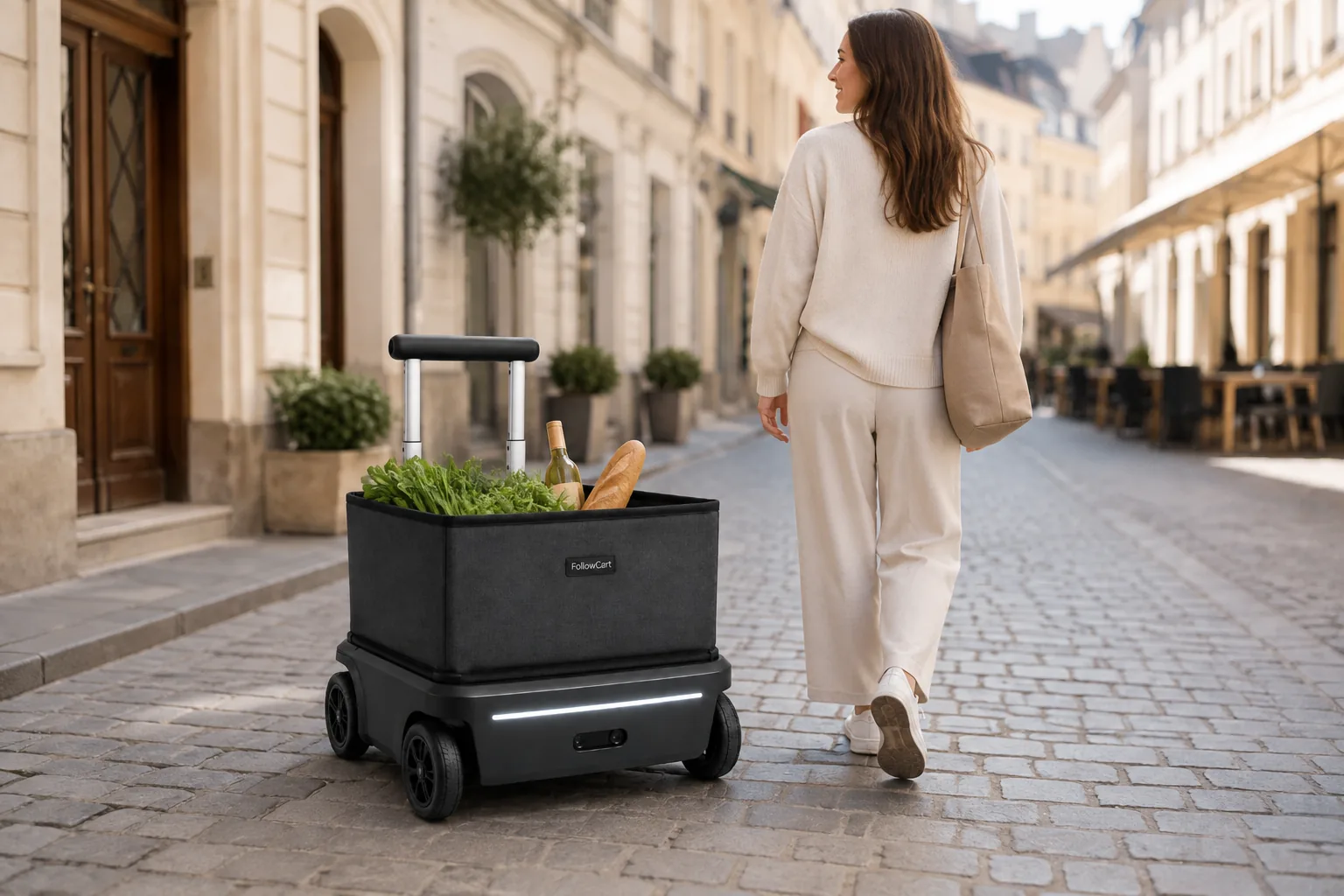Una persona camina por una calle urbana mientras FollowCart lleva las compras.